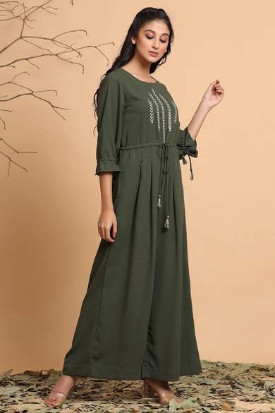 Olive Polymoss Embroidered Ethnic Jumpsuit