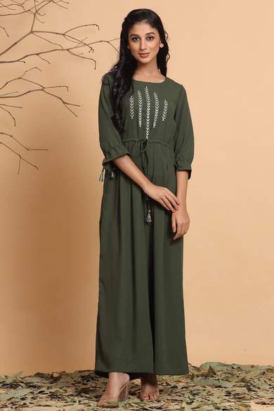 Olive Polymoss Embroidered Ethnic Jumpsuit