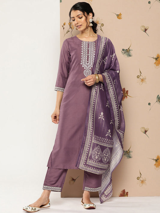 Women's Purple Solid Straight Kurta Trouser And Dupatta Set