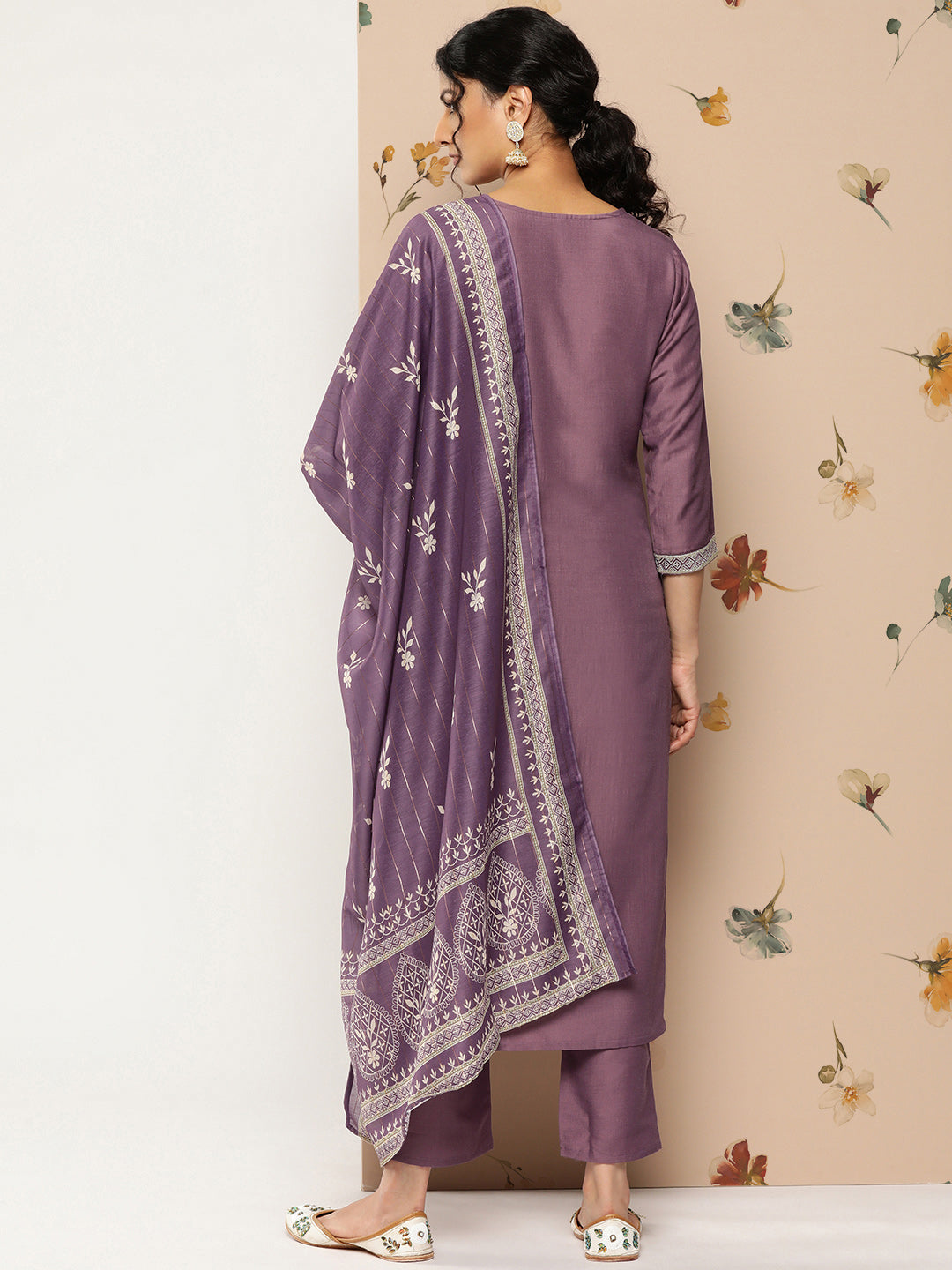 Women's Purple Solid Straight Kurta Trouser And Dupatta Set