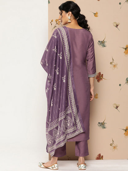 Women's Purple Solid Straight Kurta Trouser And Dupatta Set