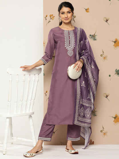 Women's Purple Solid Straight Kurta Trouser And Dupatta Set