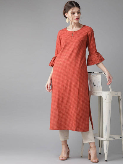 Women's  Red & Off-White Checked Straight Kurta