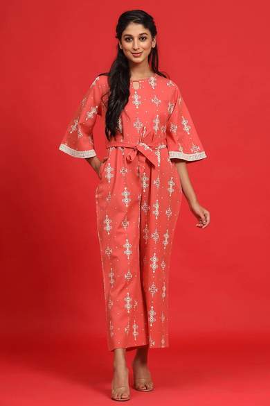 Peach Cotton Flex Printed Ethnic Jumpsuit