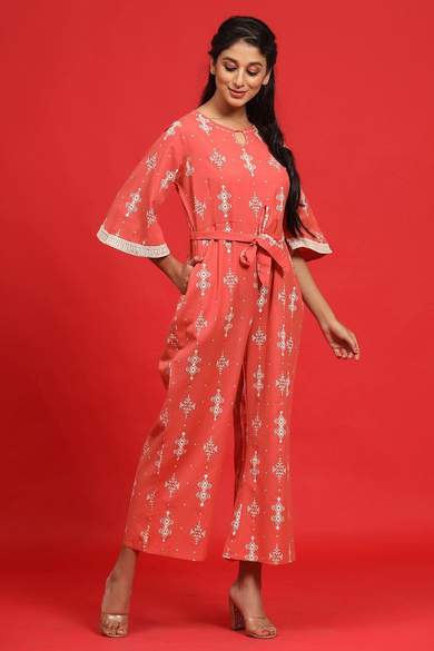 Peach Cotton Flex Printed Ethnic Jumpsuit