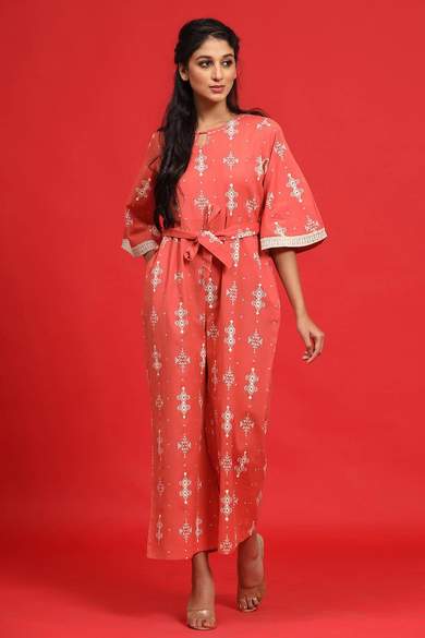 Peach Cotton Flex Printed Ethnic Jumpsuit