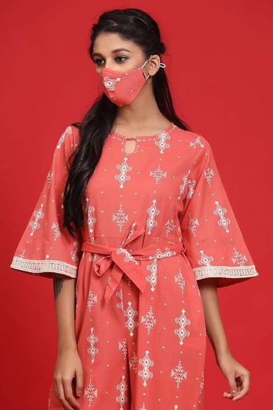 Peach Cotton Flex Printed Ethnic Jumpsuit