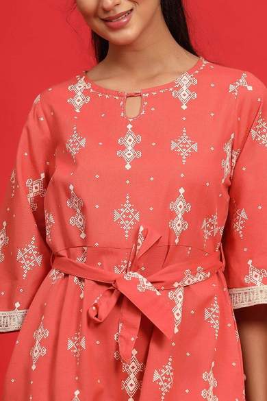 Peach Cotton Flex Printed Ethnic Jumpsuit