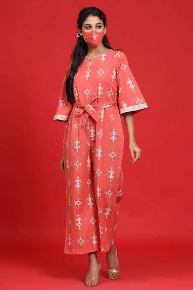 Peach Cotton Flex Printed Ethnic Jumpsuit