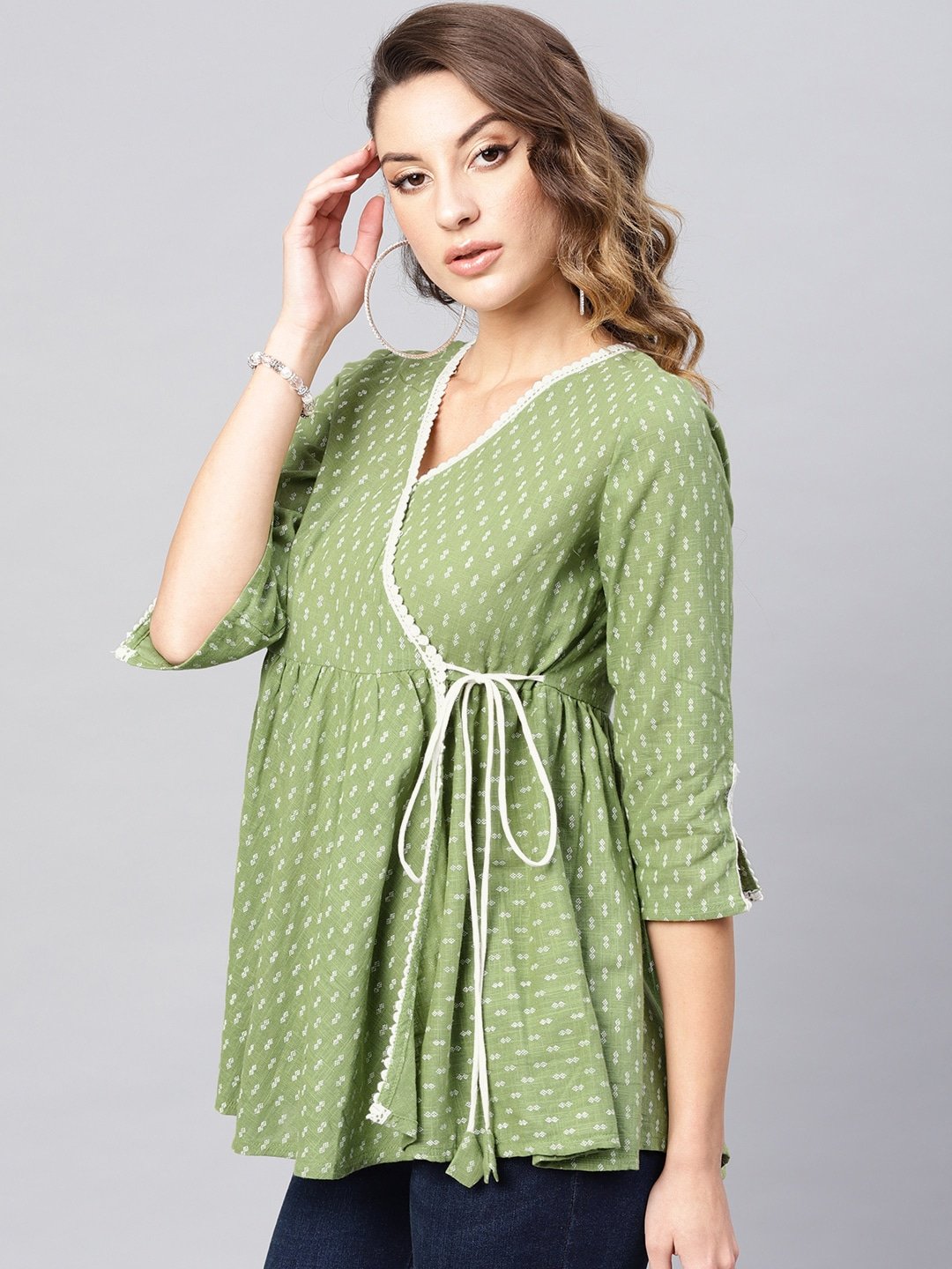 Women's Green & White Printed Angrakha Tunic