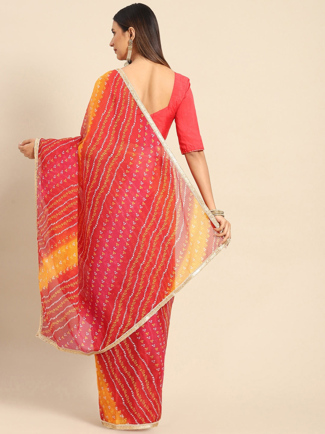 Women's Red Printed Unstitched Blouse Sarees