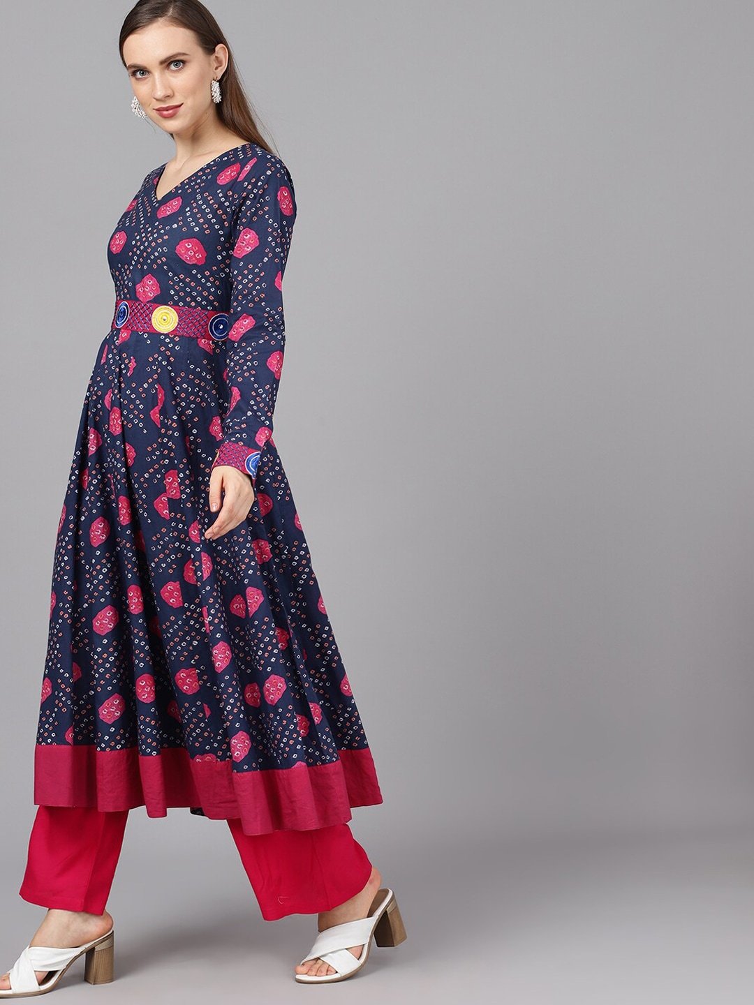Women's  Navy Blue & Magenta Bandhani Printed Anarkali Kurta