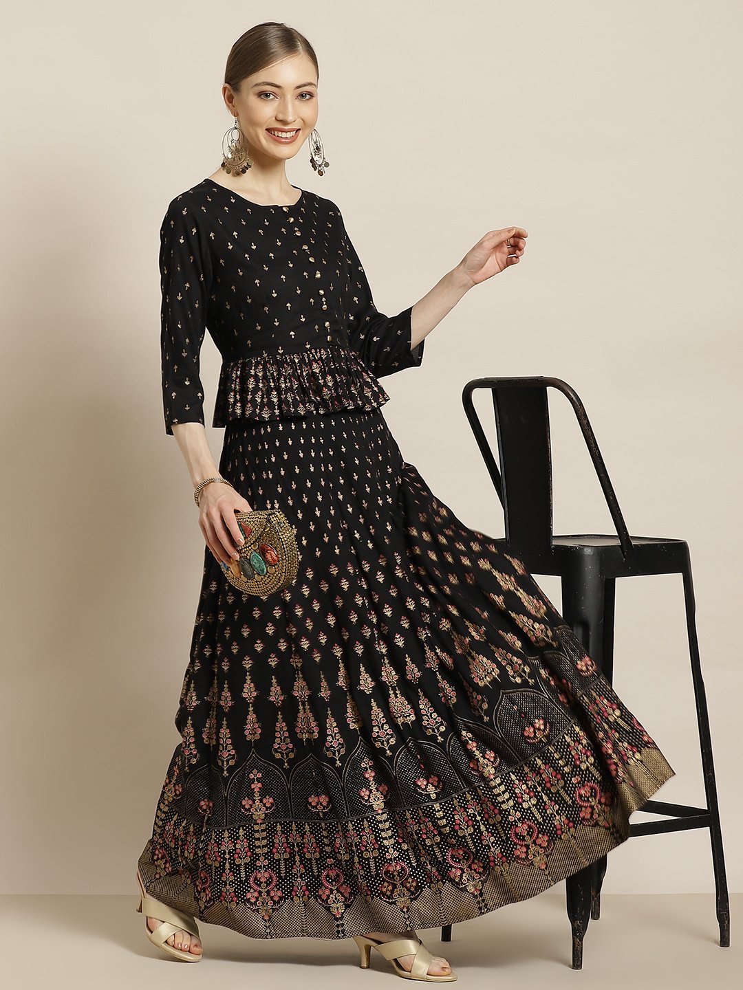 Women's Black Rayon & Cambric Printed Peplum Lehenga Choli Sets