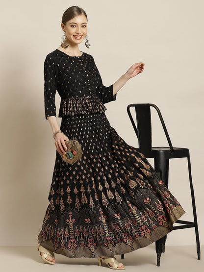 Women's Black Rayon & Cambric Printed Peplum Lehenga Choli Sets