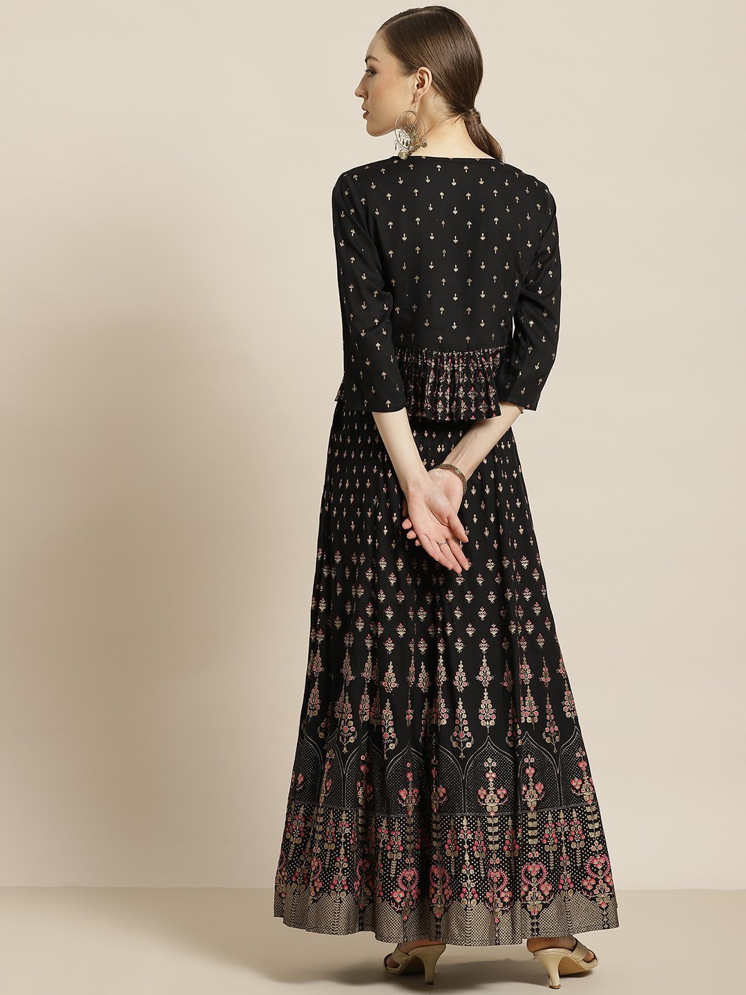 Women's Black Rayon & Cambric Printed Peplum Lehenga Choli Sets
