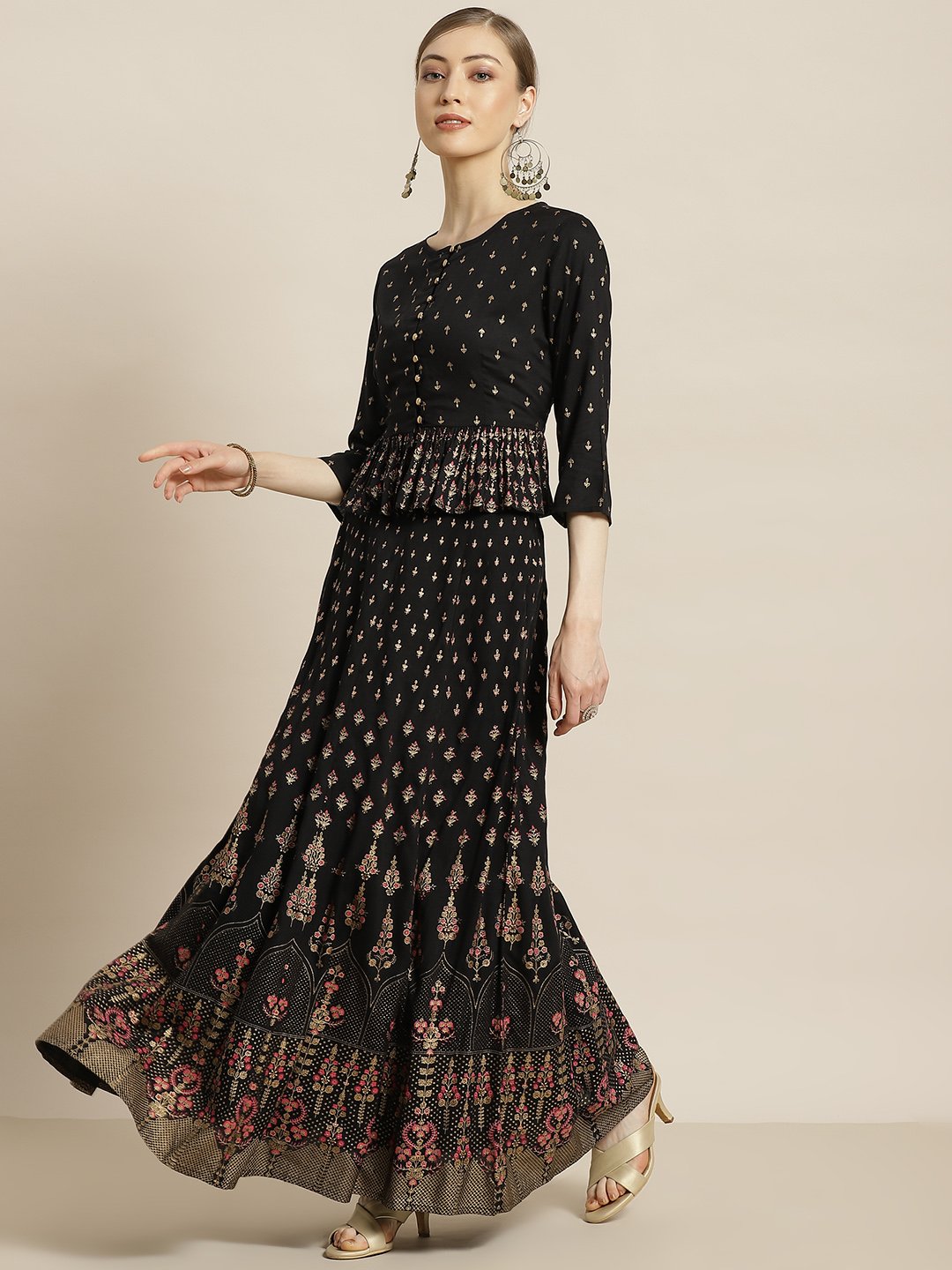 Women's Black Rayon & Cambric Printed Peplum Lehenga Choli Sets