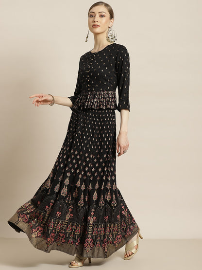 Women's Black Rayon & Cambric Printed Peplum Lehenga Choli Sets