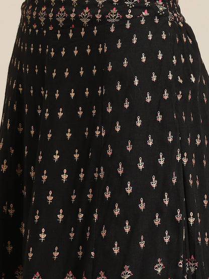 Women's Black Rayon & Cambric Printed Peplum Lehenga Choli Sets