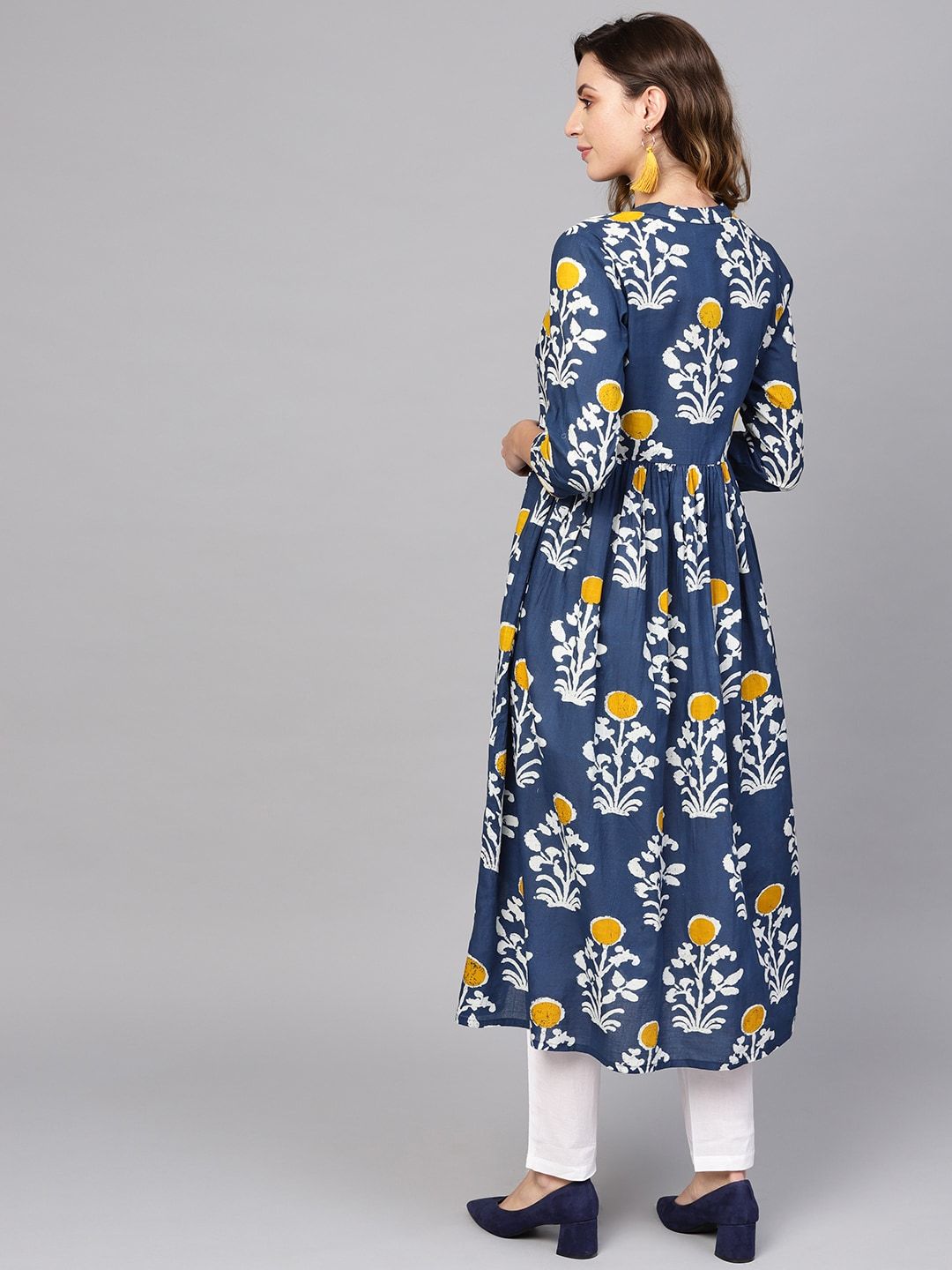 Women's  Navy Blue & Off-White Printed A-Line Kurta