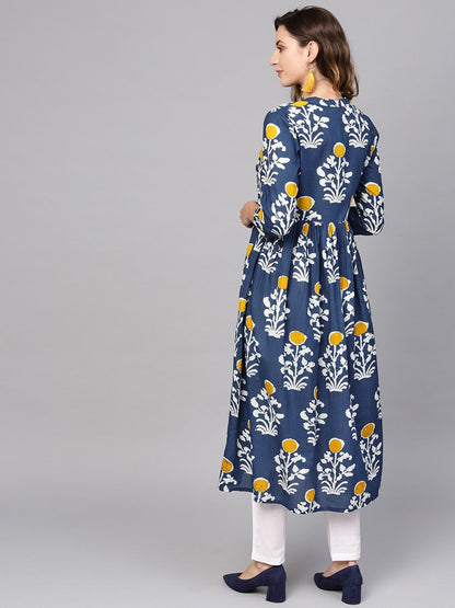 Women's  Navy Blue & Off-White Printed A-Line Kurta