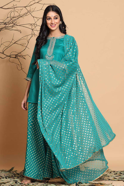Women's Green Net Polka Print Dupatta