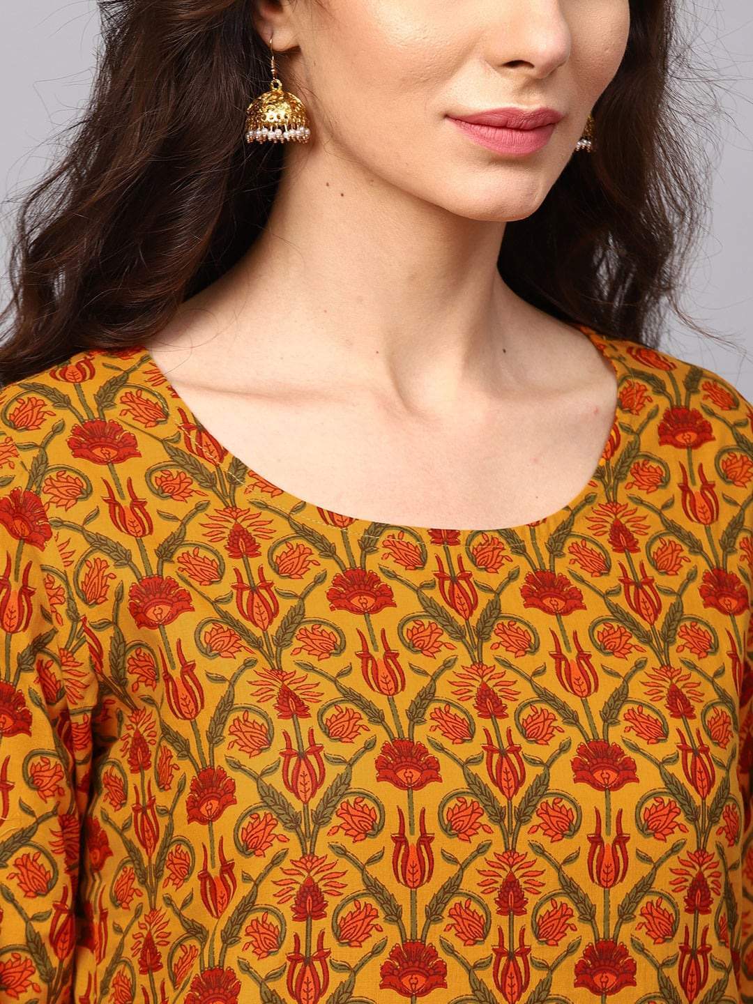 Women's Mustard Khari Print Cotton Kurta With Palazzos & Dupatta