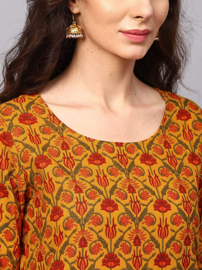 Women's Mustard Khari Print Cotton Kurta With Palazzos & Dupatta