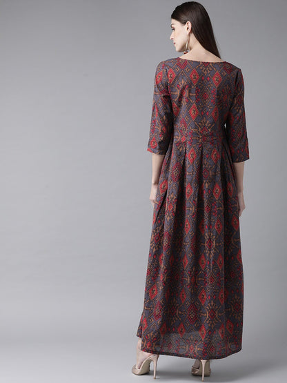 Women's  Grey & Red Printed Maxi Dress