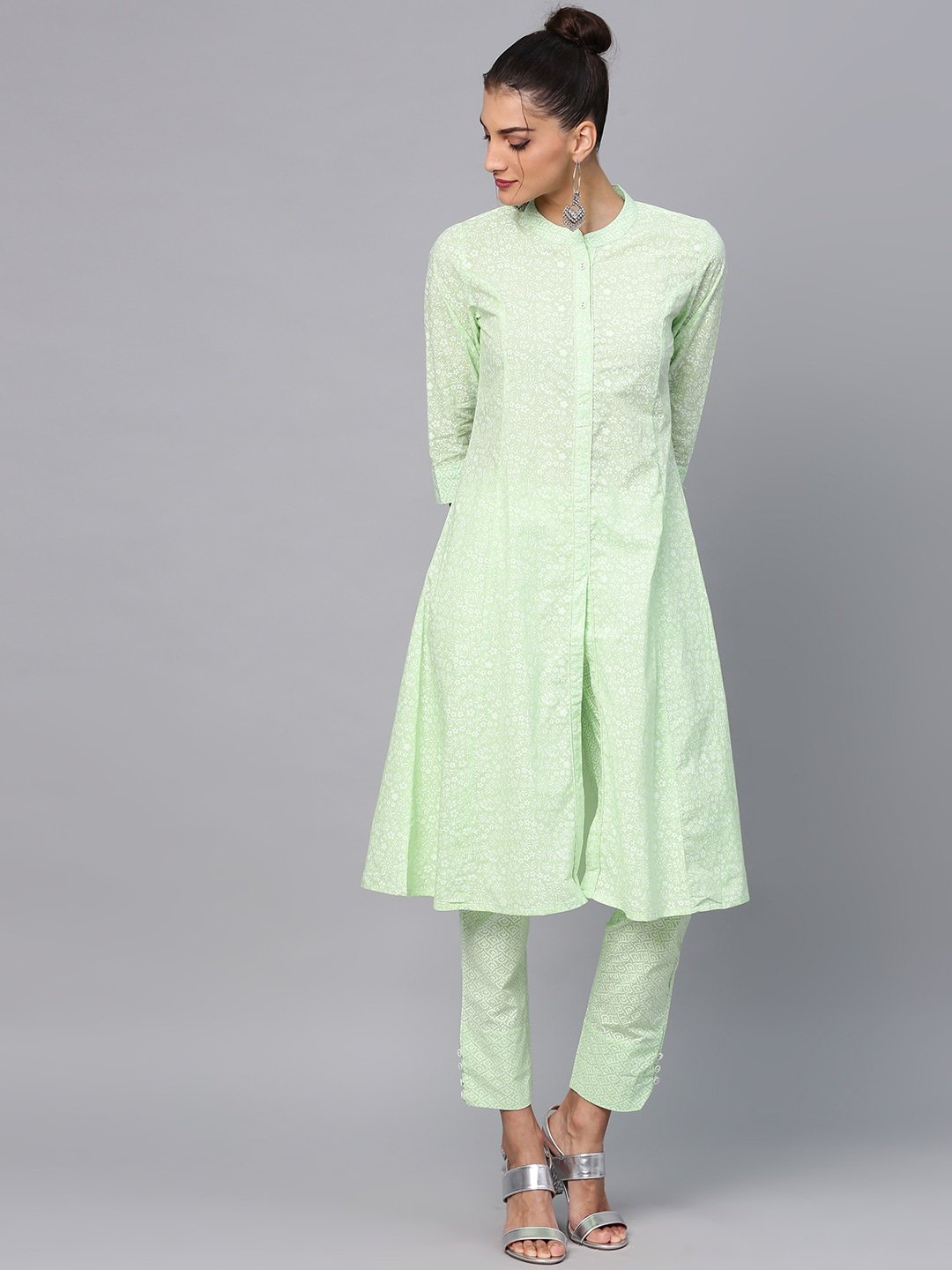 Women's  Green & White Printed A-Line Kurta