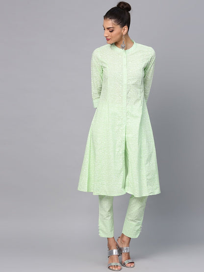 Women's  Green & White Printed A-Line Kurta