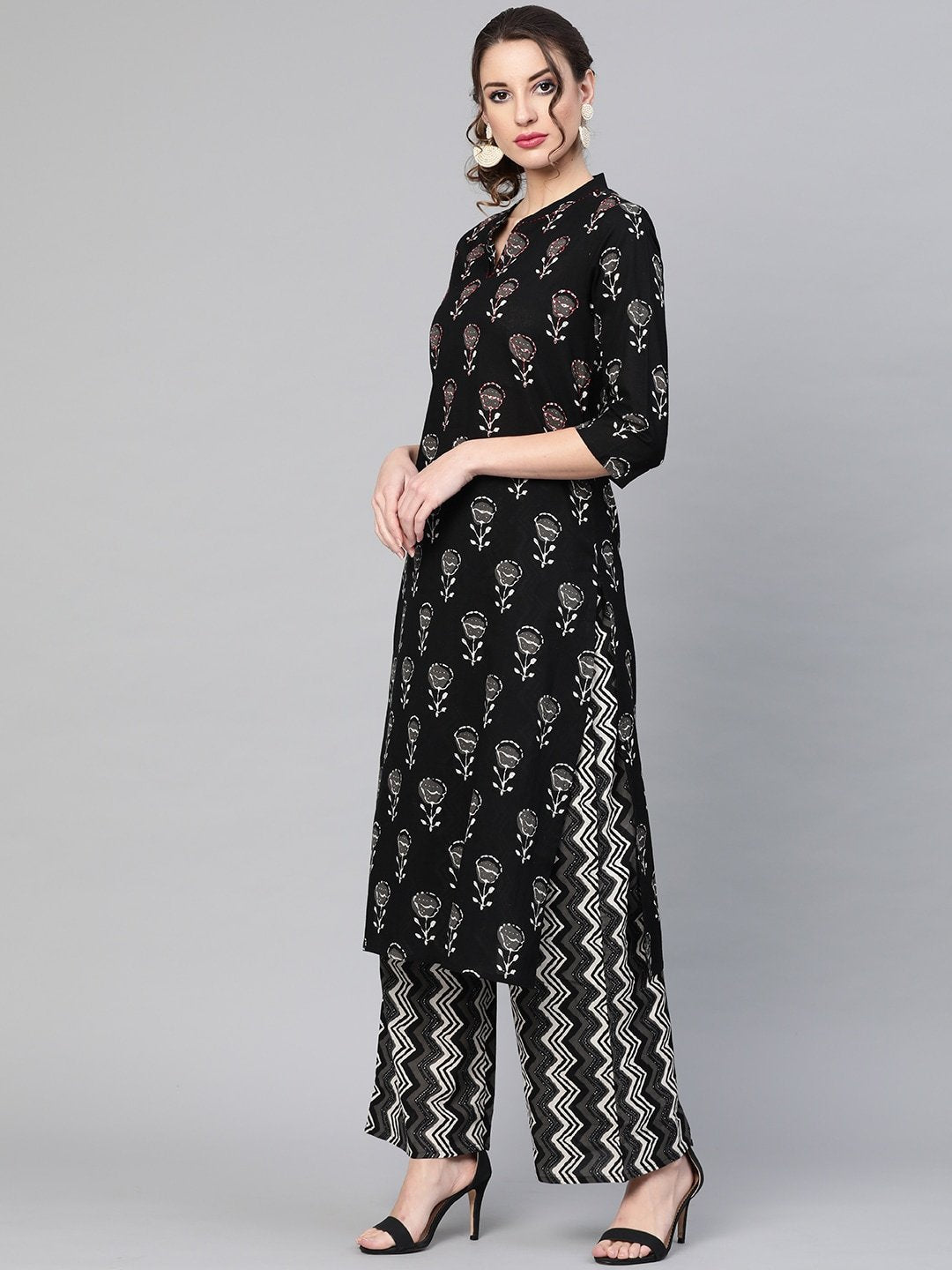 Women's  Black & Charcoal Grey Printed Kurta with Palazzos