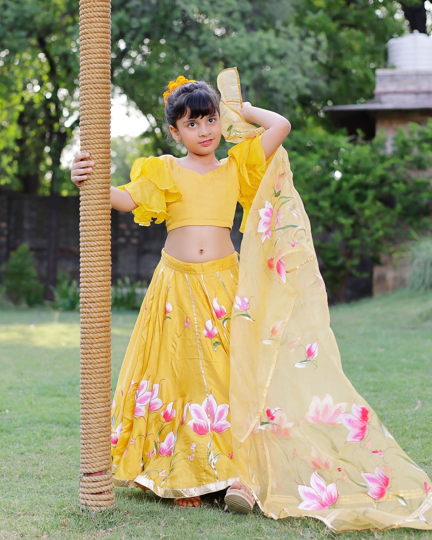 Girl's Daria Satin Handpainted Lehenga Set