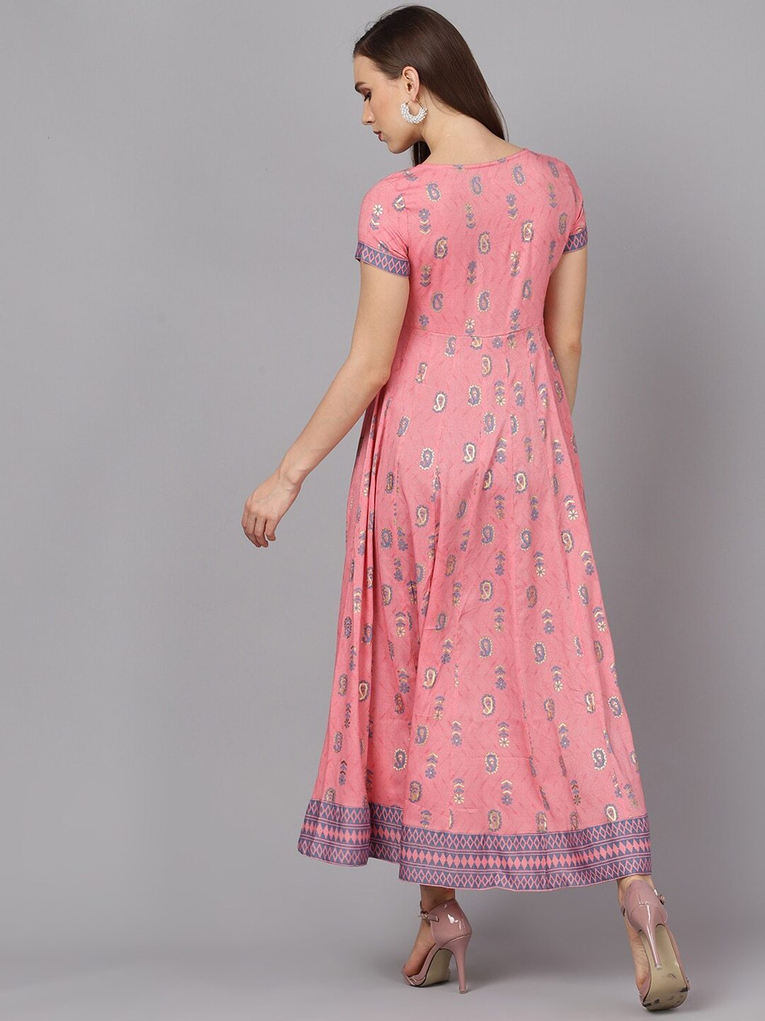 Women's  Pink & Gold-Toned Printed Anarkali Kurta