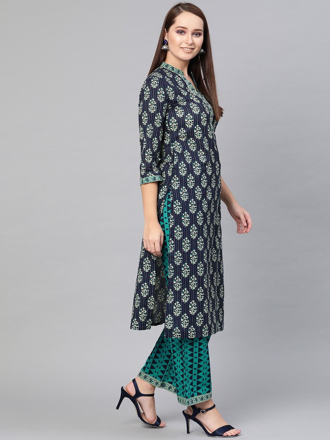 Women's  Navy Blue & Green Printed Kurta with Palazzos & Dupatta