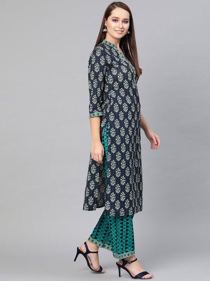 Women's  Navy Blue & Green Printed Kurta with Palazzos & Dupatta