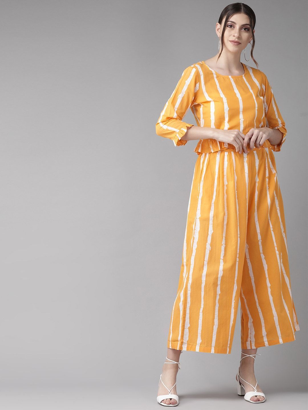 Women's  Mustard & White Striped Two-Piece Top & Palazzo Set