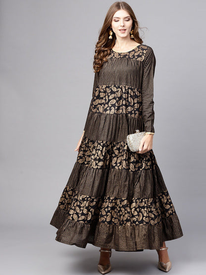 Women's  Black & Golden Printed Tiered Anarkali Kurta