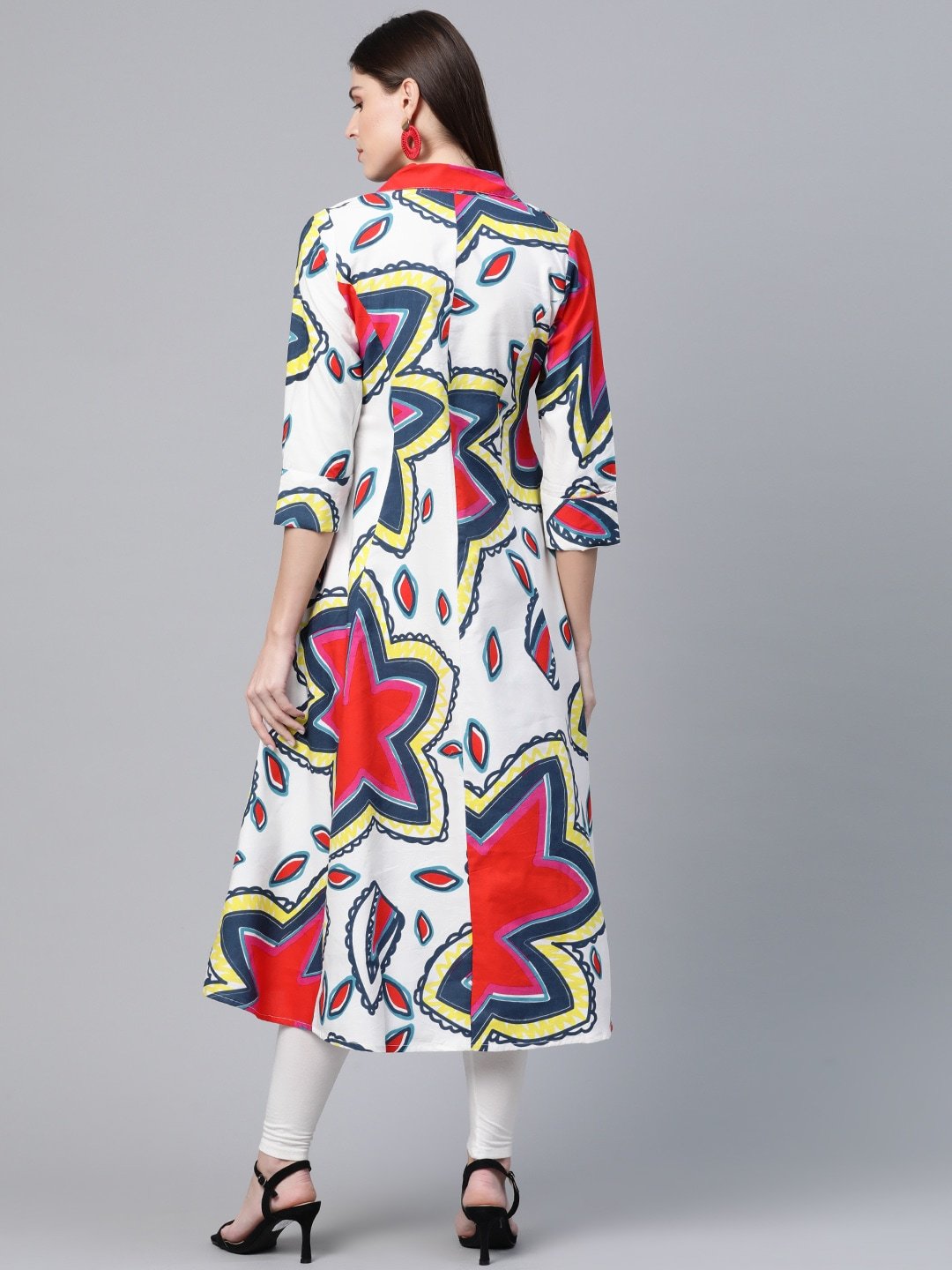 Women's  White & Red Printed A-Line Kurta