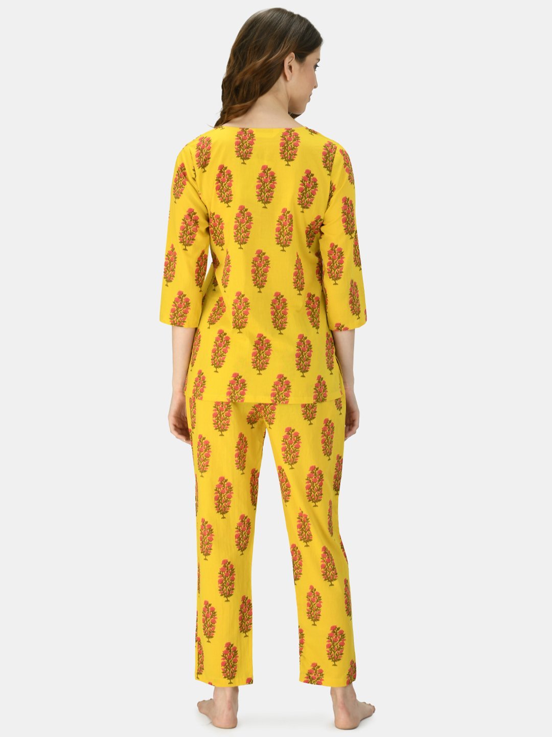 Women's Mustard Cotton Printed Half Sleeve V Neck Casual Night Suit