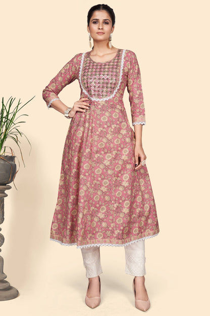 Women's Print & Embroidered A-Line Cotton Pink Stitched Kurta