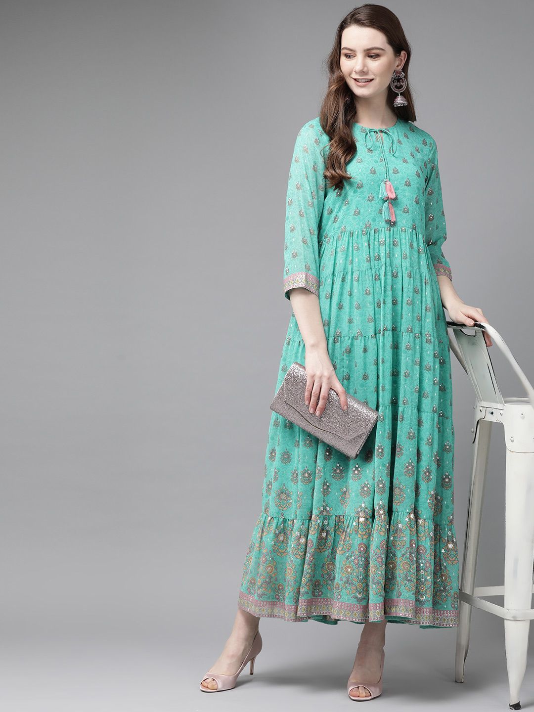 Women's Mint Georgette Printed Tiered Dress1