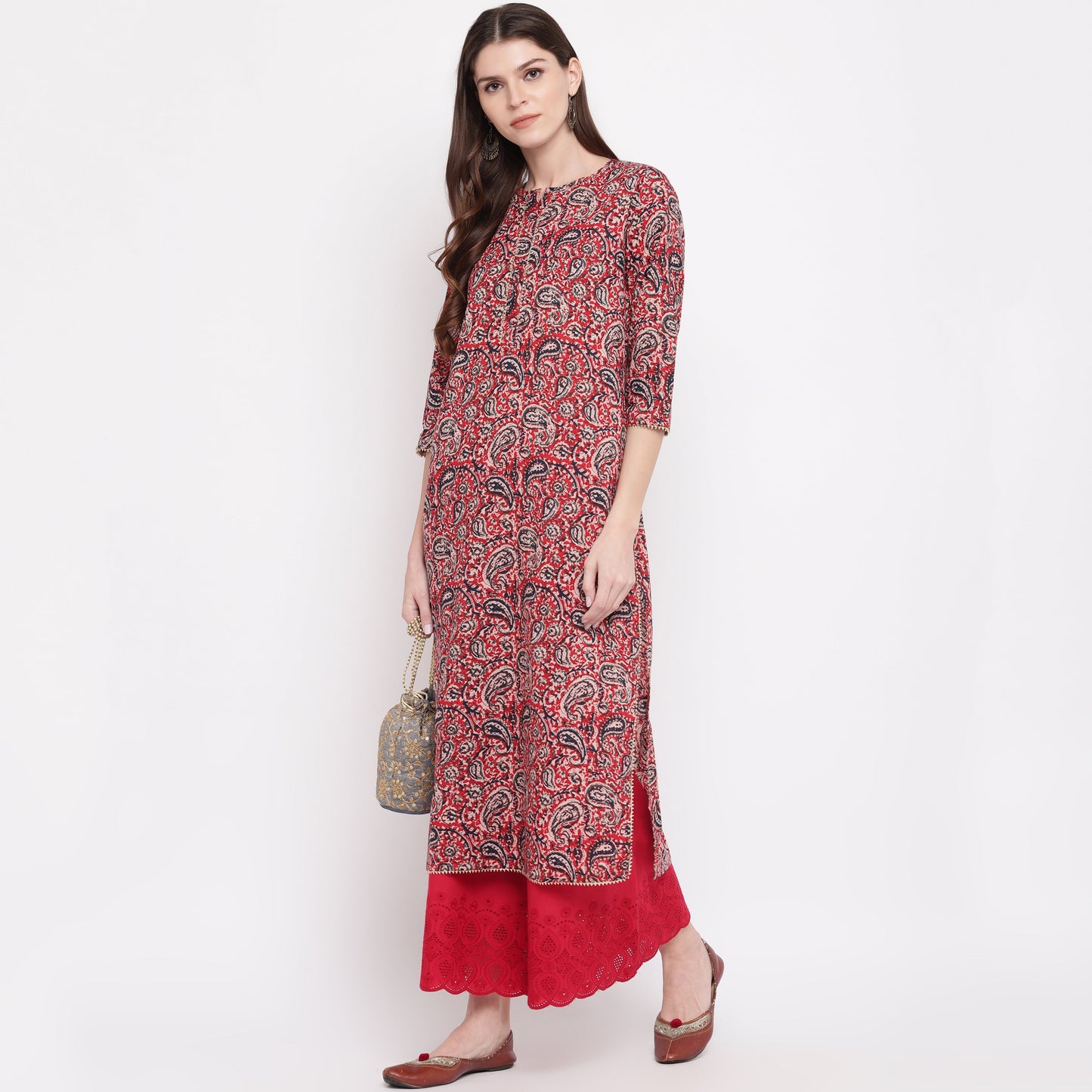 Women's Red Kalamkari Print Cotton Kurta By Vbuyz- (