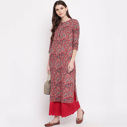 Women's Red Kalamkari Print Cotton Kurta By Vbuyz- (