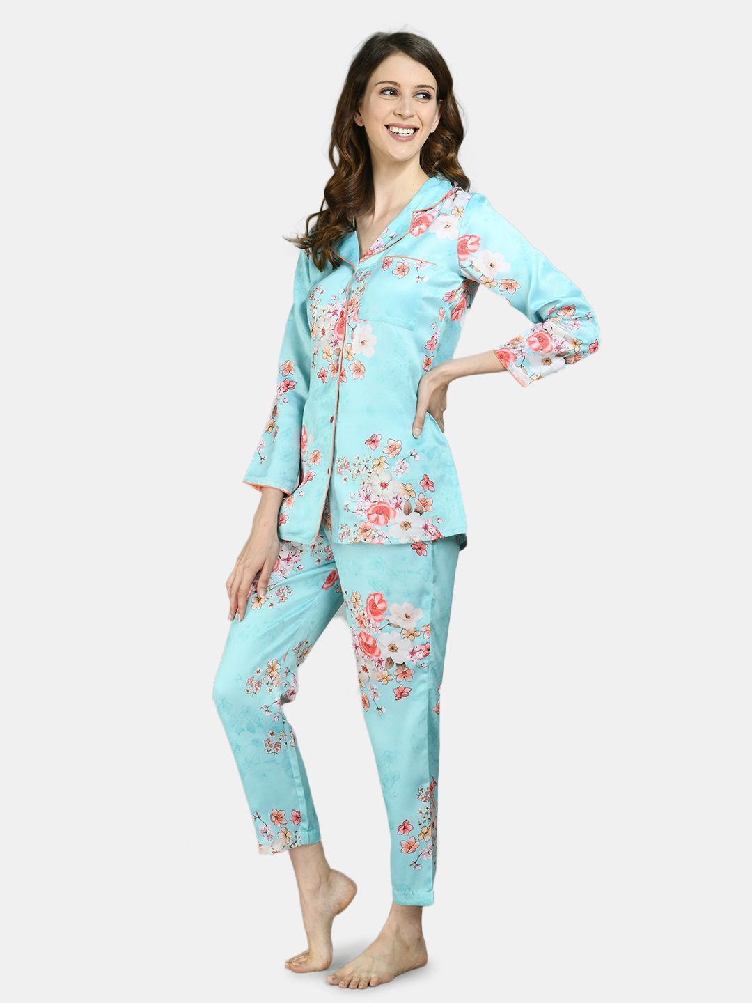 Women Sky Blue Printed Night Suit by Myshka (