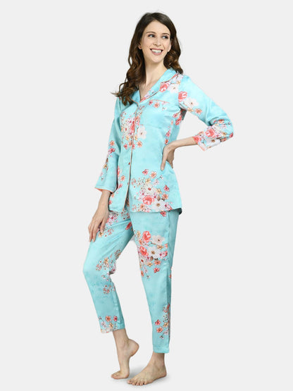 Women Sky Blue Printed Night Suit by Myshka (