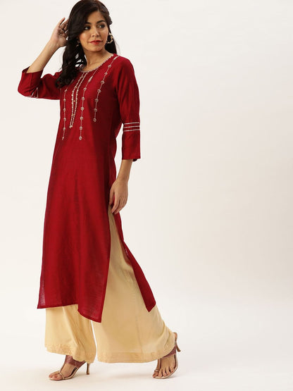 Women's Red & Silver-Toned Embroidered Straight Kurta