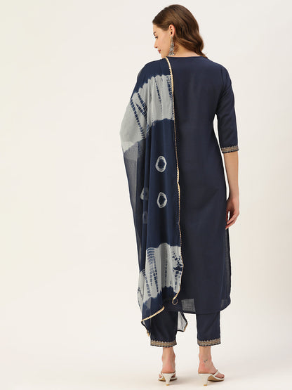 Women's Navy Cotton Blend Panelled Printed Straight Kurta Trouser Set With Dupatta