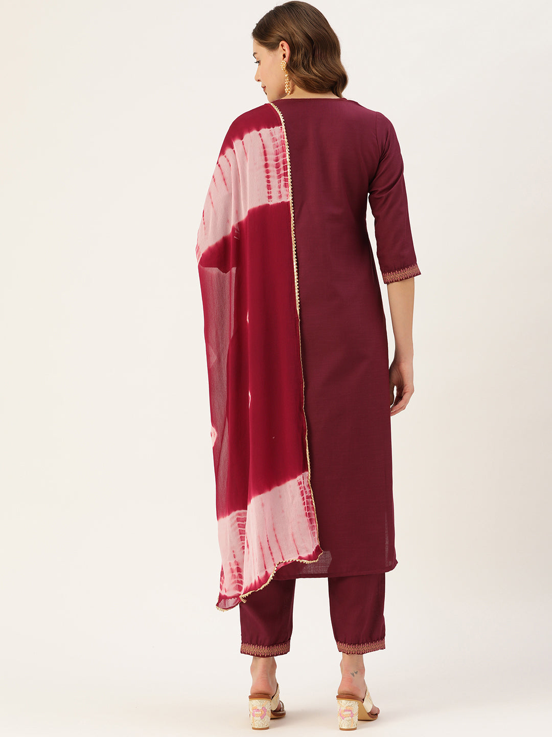Women's Wine Cotton Blend Panelled Printed Straight Kurta Trouser Set With Dupatta