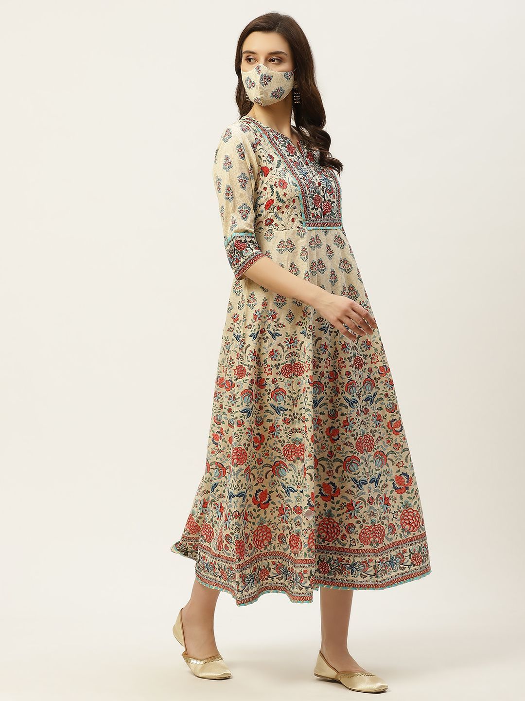 Women's Printed Flared Dress & Dupatta Set with Mask