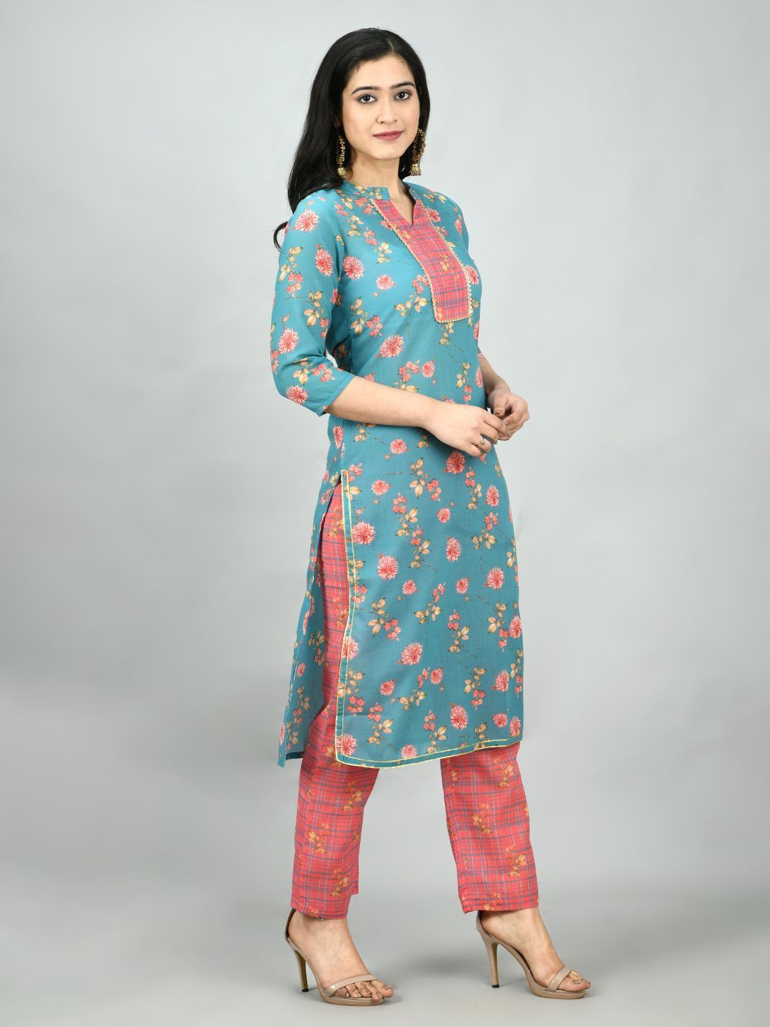 Women's Multi Poly Cotton Printed 3/4 Sleeve Mandarin Neck Casual Kurta Pant Set